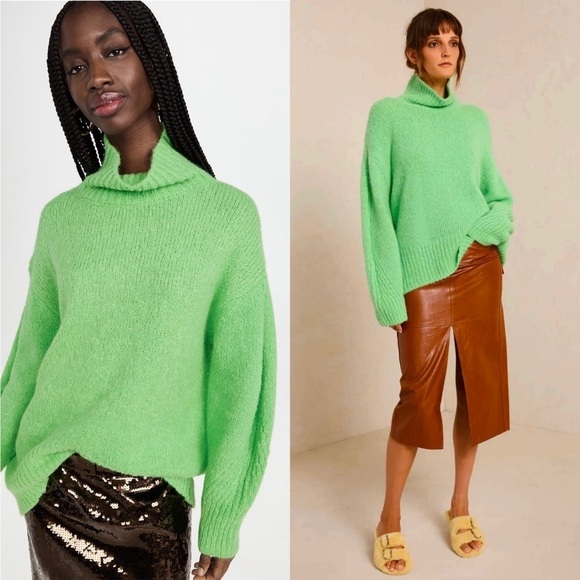 ALC Mint Alpaca Merino Wool Knit Oversized Slouchy Pullover Turtleneck Sweater S - Picture 2 of 16